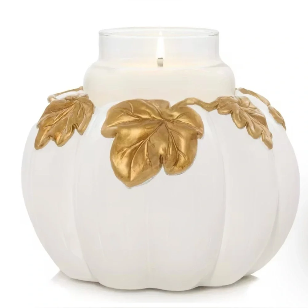 NEW Yankee Candle White Pumpkin Resin Candle Holder Gold Leaves Fall Decor